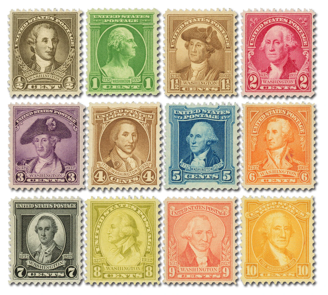 Sheet of 1932 George Washington Bicentennial postage stamps, one through ten cents