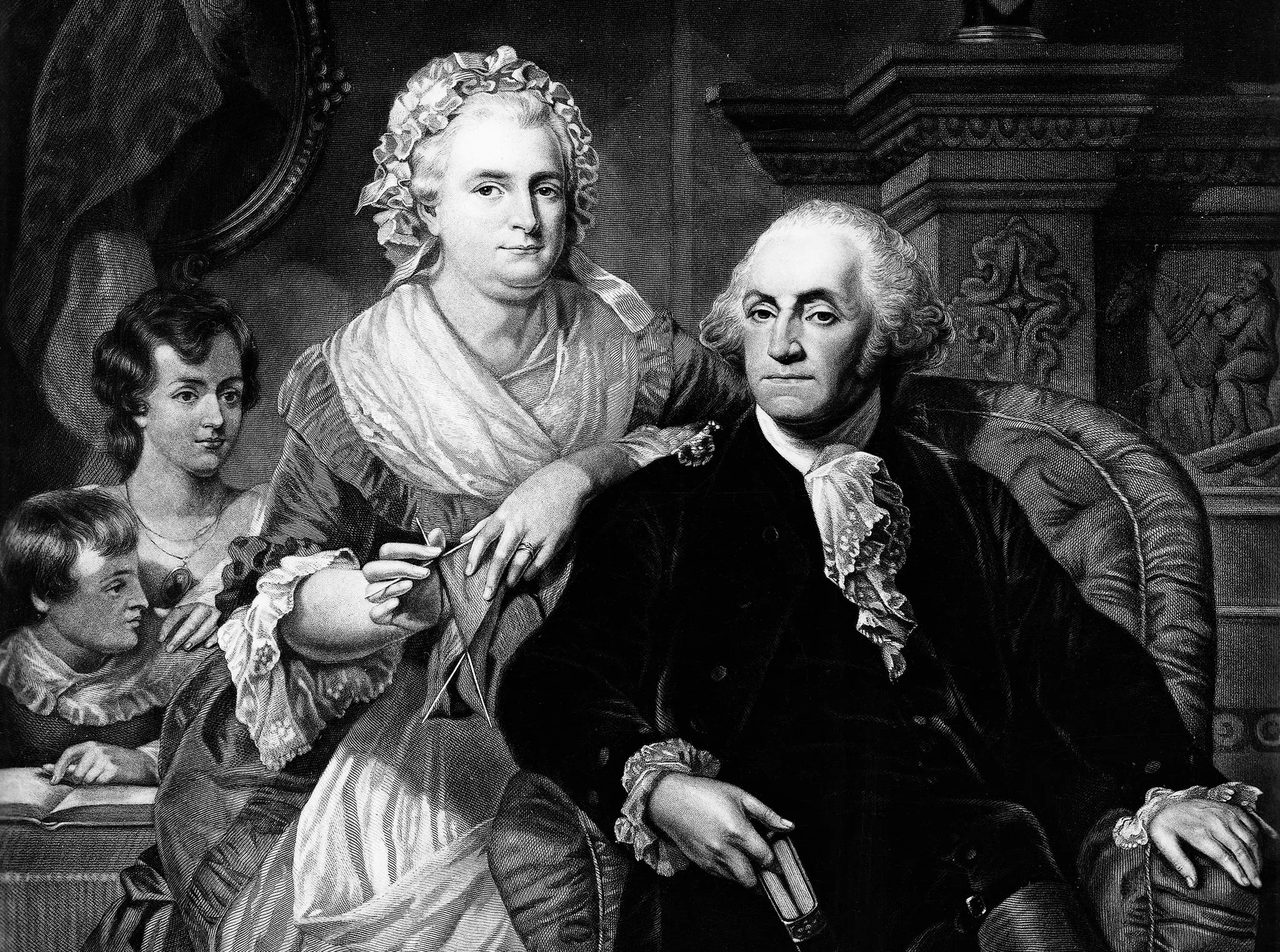 George and Martha Washington with members of their family, 1867 engraving by Benjamin Homer Hall