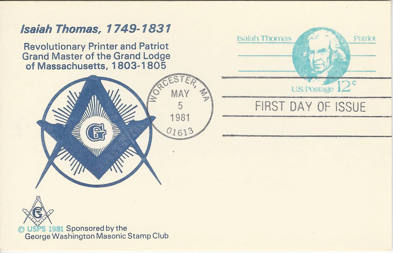 Isaiah Thomas, Square and Compass Postmark #1: Worshester,&hellip;