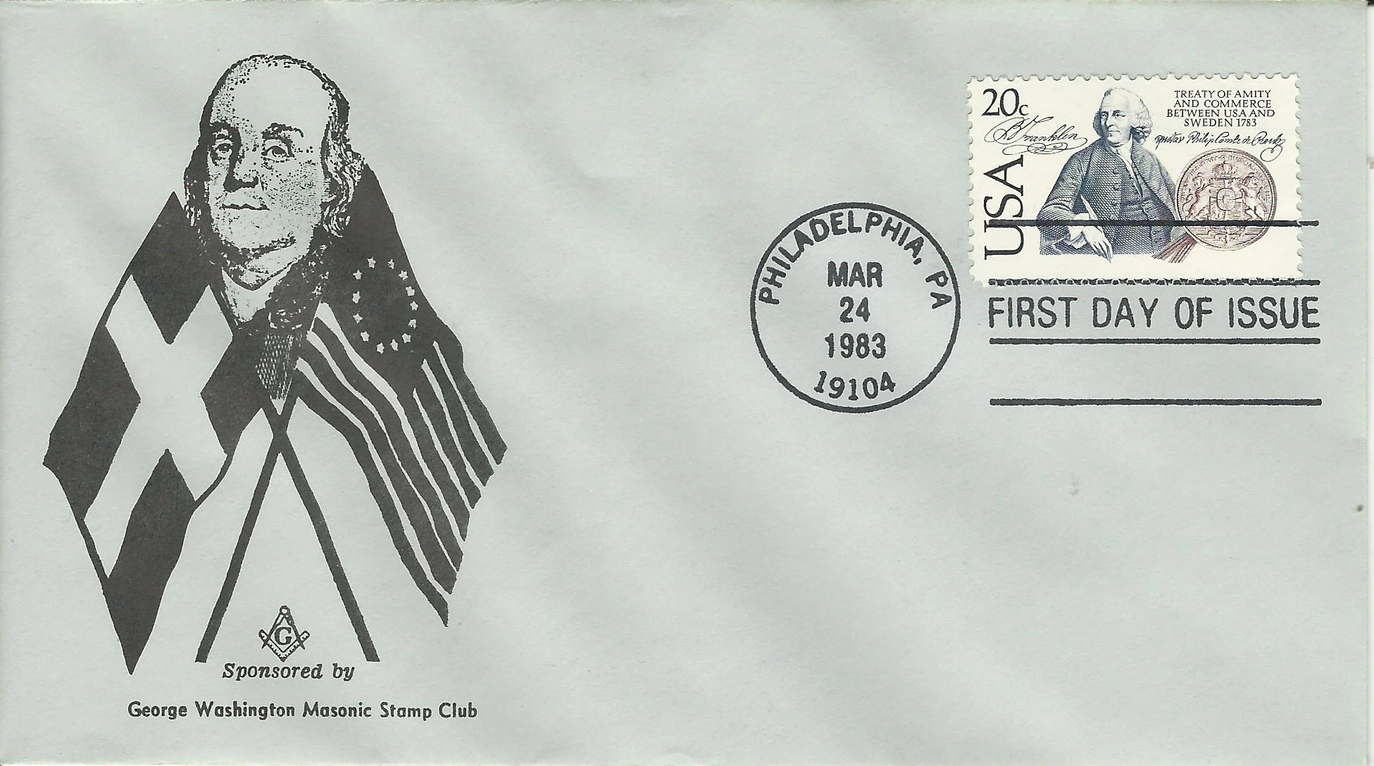 Ben Franklin and Crossed Flags Blue Envelope Postmark&hellip;