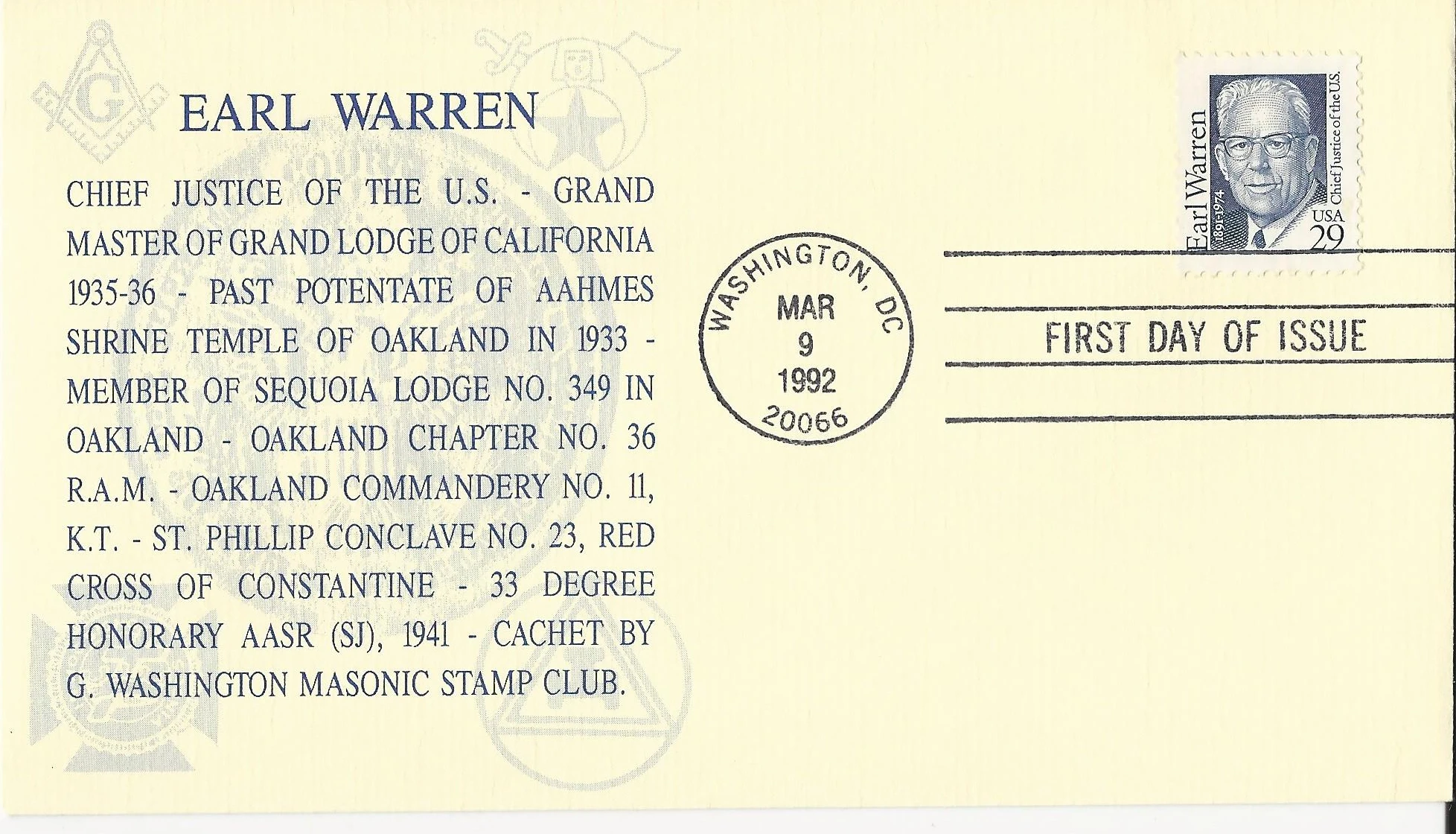 Earl Warren Postmark #1: Washington, DC — 1992-03-09&hellip;