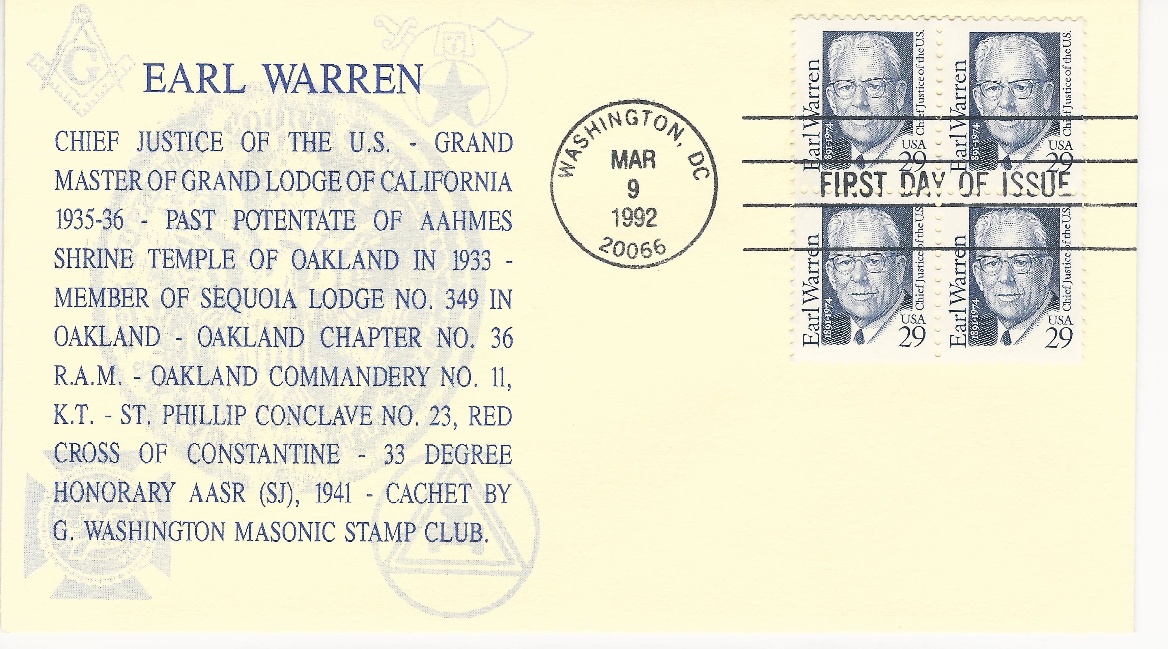 Earl Warren Postmark #1: Washington, DC — 1992-03-09&hellip;