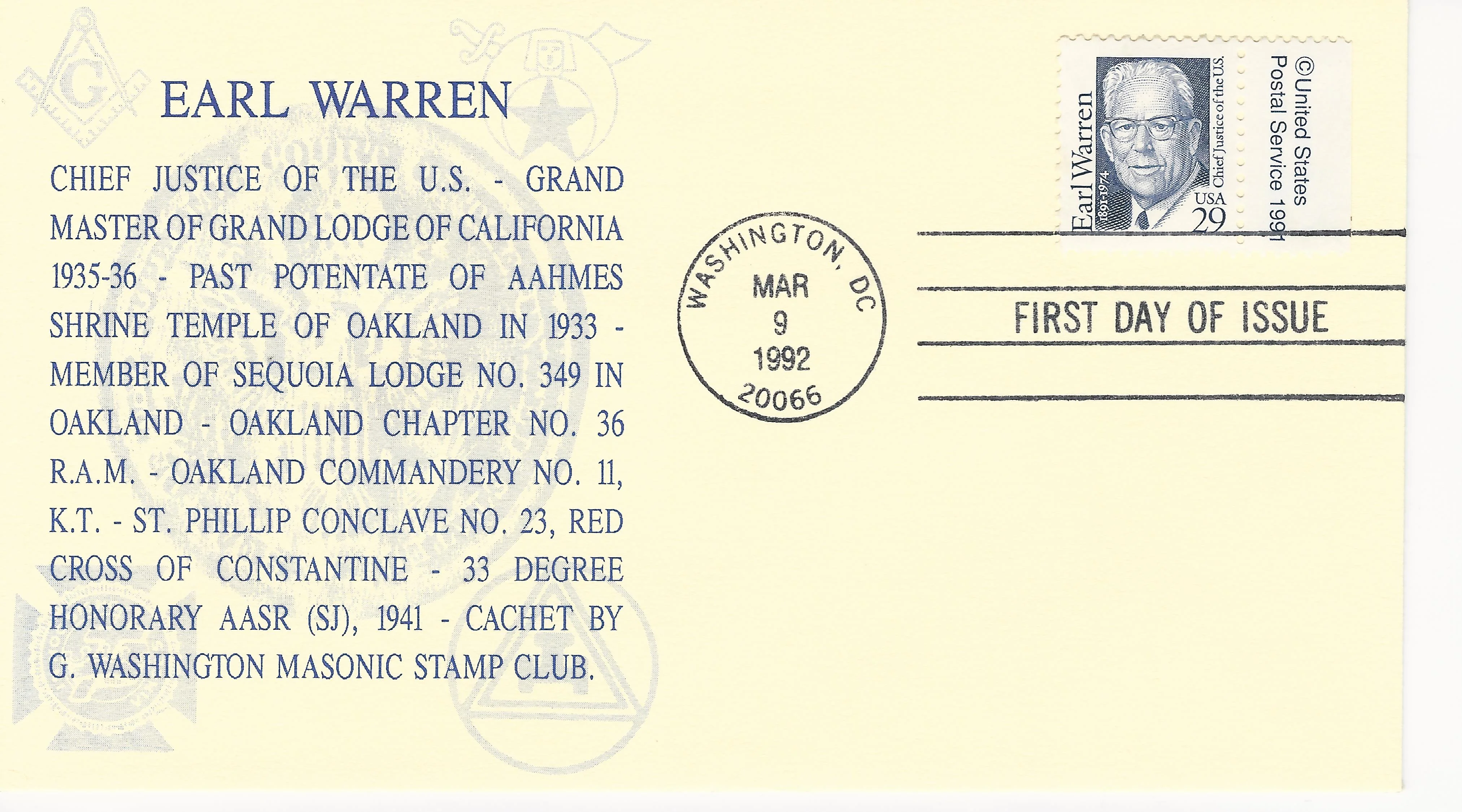 Earl Warren Postmark #1: Washington, DC — 1992-03-09&hellip;