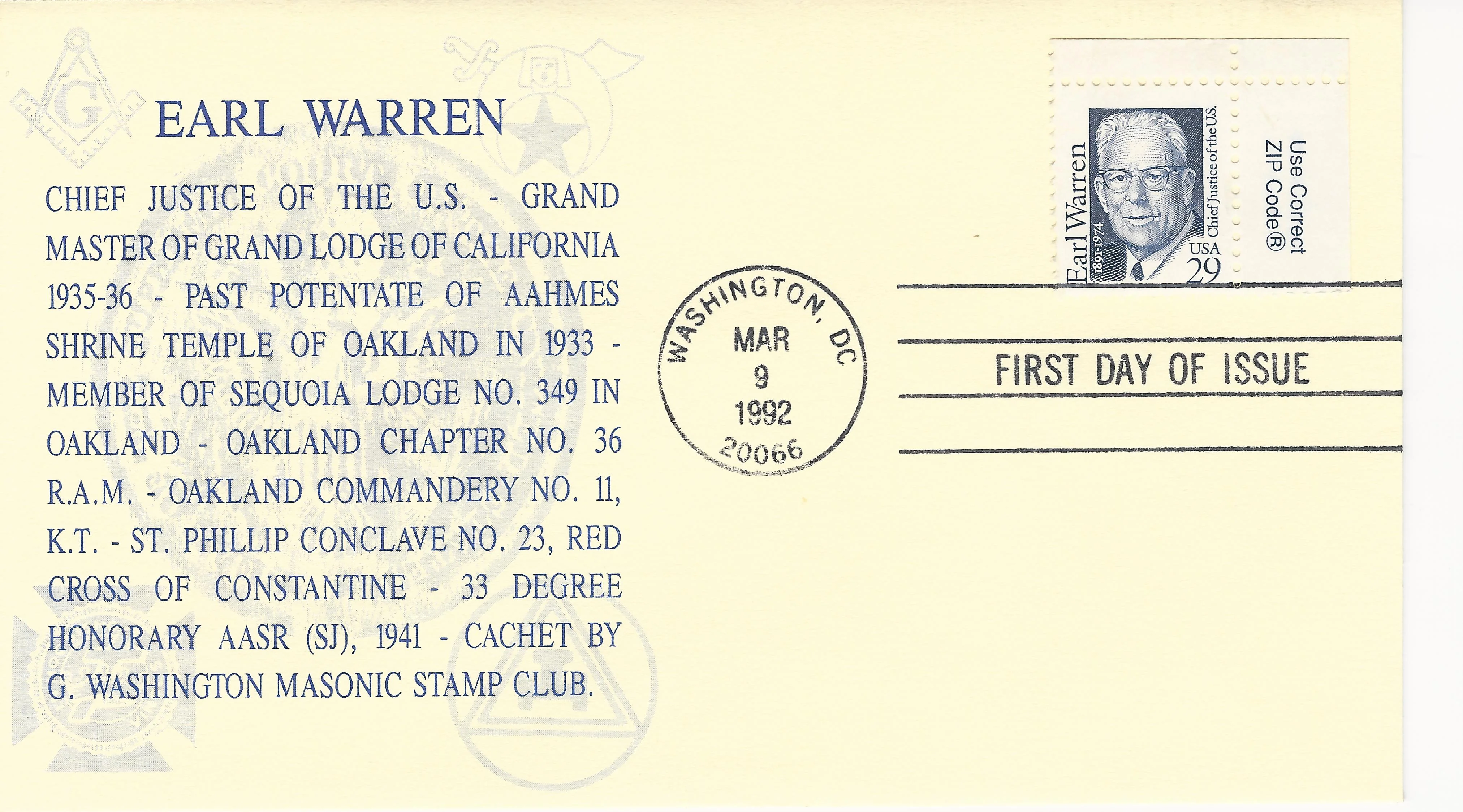 Earl Warren Postmark #1: Washington, DC — 1992-03-09&hellip;