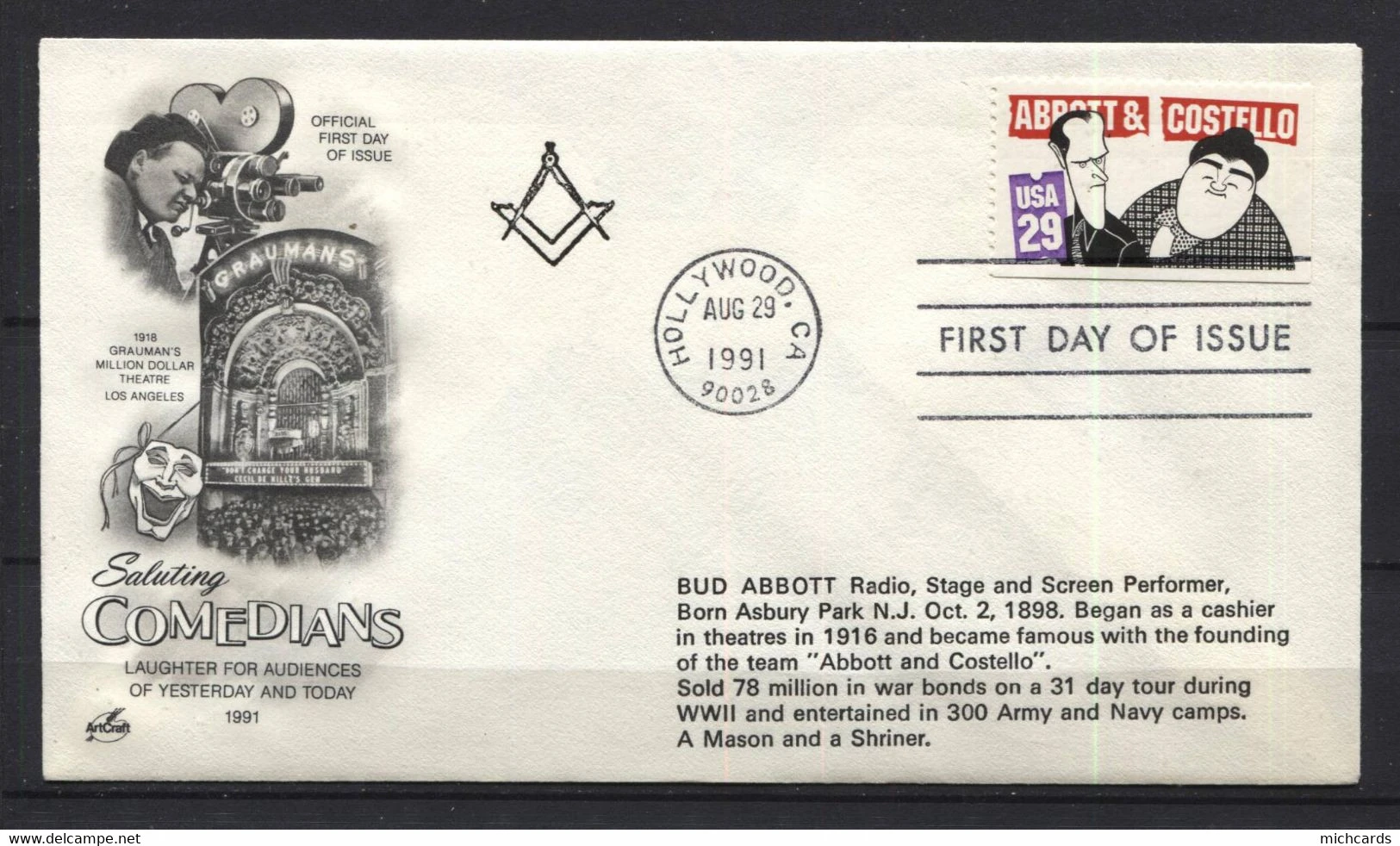 1991 "Saluting Comedians" First Day of Issue cover for the Abbott & Costello commemorative stamp, Hollywood, CA, Aug 29 1991, featuring a square-and-compass cachet; the accompanying text notes Bud Abbott was "A Mason and a Shriner."