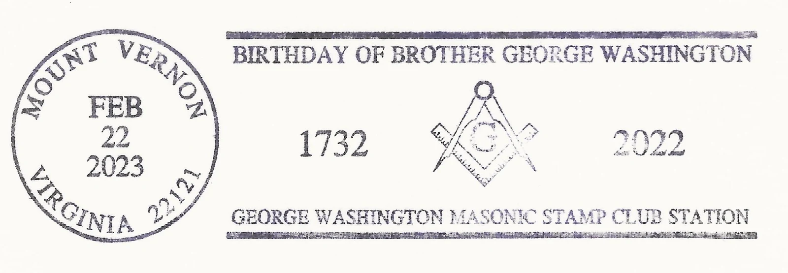 Birthday of Brother George Washington pictorial postmark (square & compass, 1732-2022)